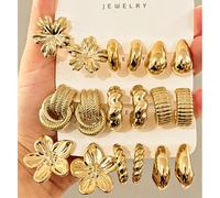 6/18 pezzi Set di orecchini alla moda color oro per donne, include fiori per orecchio sinistro e destro, fiori a cinque petali, a goccia, a cuore, a forma di C piccola, eleganti e di stile, adatti per