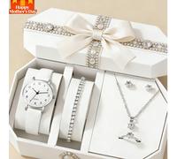 6/5 pezzi. Questo orologio al quarzo con puntatore digitale circolare alla moda, semplice ed elegante, è abbinato a un set di gioielli a doppio cuore comprendente collana, bracciale, orecchini e anell