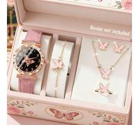 6/5 pezzi Set. Orologio al quarzo alla moda, elegante e di lusso con un carino motivo a farfalla rotonda, set di gioielli coordinato incluso collana, bracciale, orecchini e anello. Ideale per le signo