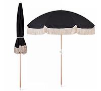 6.6ft/2m Patio Umbrella with Fringe Garden Outdoor Sun Shade Umbrella with Push Button Tilt And Crank Wood Pole 8 Ribs N