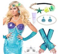 6 accessori da donna per costume da sirena con cerchietto per capelli, guanti, orecchini, collana di perline, pietre preziose per il viso, festival in gel glitterato, per carnevale