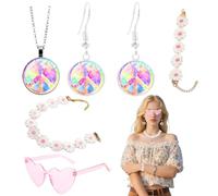 6 accessori hippie da donna, accessori per costume da 60 anni '70, accessori per feste hippie, collana e orecchini, occhiali hippie