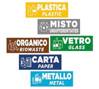 6 Adesivi per Raccolta Differenziata | Etichette per Contenitori Rifiuti in Italiano ed Inglese | Formato cm 15x5 | 6 PZ
