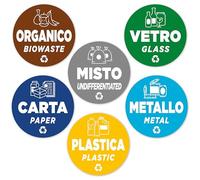 6 Adesivi per Raccolta Differenziata Rotondi | Diametro cm 9,5 | Etichette per Contenitori Rifiuti in Italiano ed Inglese | 6 Pezzi
