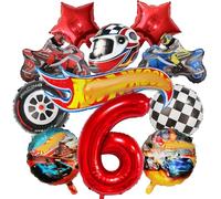 6 anni Set di decorazioni per compleanno Cars per bambini, 11 pezzi di decorazioni per auto, Motocicletta, Auto da corsa a scacchi bianchi e neri, Set di palloncini in foil con pentagramma e numeri