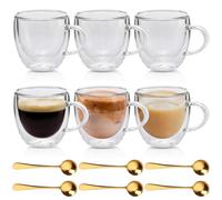 6 bicchieri da caffè a doppia parete, per latte macchiato, 250 ml, con manico, cucchiaio, per caffè e caffè, per cappuccino, latte, tè, caffè, succo di birra