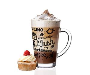 6 bicchieri da Latte Macchiato 300 ml e 6 cucchiaini in acciaio inox (gratis) con stampa di caffè