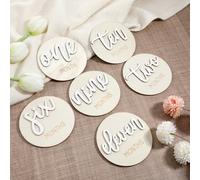 6 biglietti traguardi per bambini, double-face, in legno, 10 cm, 3D, annuncio per neonati da 1 a 12 mesi (bianco)