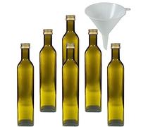 6 bottiglie di vetro marrone per olio da 500 ml con tappo dorato, bottiglie vuote utilizzabili anche per aceto (incluso imbuto di diametro di 12 cm)