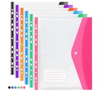 6 buste perforate in plastica formato A4, trasparenti, colori assortiti, con tasca per etichette, con bottone a pressione, per scuola, casa, ufficio (apertura laterale)