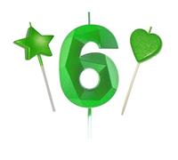 6 candele 3D a forma di diamante, colore verde glitterato, per torte di compleanno, per adulti, bambini, feste di famiglia (verde, 7 cm, numero 6 3D)