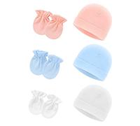 6 Cappelli e Guanti per Neonati, Cappelli e Calze in Cotone per Ragazzi e Ragazze da 0 a 6 Mesi (Rosa, Azzurro, Bianco), blu