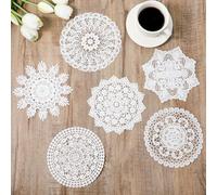 6 centrini in pizzo, 16 cm, vintage, fatti a mano, rotondi, in pizzo, rustico, decorazione da tavolo per cucina, sala da pranzo, cassettiere, matrimoni, decorazioni per feste (bianco)
