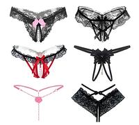 6 confezioni stringa Ouvert signore con perle fiore foro donne donna, nero a vita bassa pizzo sexy perizoma biancheria intima con cavallo aperto perizoma G-String lingerie perizoma V-String mutandine