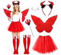 6 costume da angelo nero da donna, ali d'angelo nero, ali nere | Ali nere con gonna in tulle, corna del diavolo, bacchetta magica, calze, tatuaggi per il viso, costume di Halloween