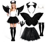 6 costume da angelo nero da donna, ali d'angelo nero, ali nere | Ali nere con gonna in tulle, corna del diavolo, bacchetta magica, calze, tatuaggi per il viso, costume di Halloween