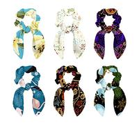 6 elastici per capelli con fiocco, elastici per capelli, elastici per capelli, fiocchi per capelli, coda di cavallo, accessori per donne, ragazze, bambini, scarabocchi con sfondo floreale con uccelli