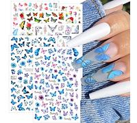 6 fogli di adesivi per unghie a forma di farfalla, con fiori 3D, autoadesivi, per la primavera e l'estate, per manicure fai da te