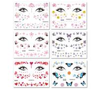 6 Fogli Tatuaggi Temporanei Farfalla Cuori, Glitter Farfalla Adesivi Tatuaggi, Tatuaggi Adesivi Trucco Donne, Tatuaggi Temporanei Viso per Festa di Costume Ballo Carnevale Halloween Festival