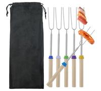 6 forchette da barbecue, bastoncini telescopici per arrostire marshmallow, allungabili, in acciaio inox, a forma di U, con manico in legno, spiedini per barbecue, campeggio, falò, camino, picnic
