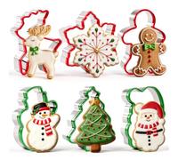 6 formine per biscotti di Natale, con bordo protettivo in PVC, a forma di omino di pan di zenzero, Babbo Natale, fiocco di neve, pupazzo di neve, renna, albero, in acciaio inox, per la cottura