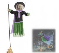 6 FT Halloween Flying Witch Decor - Outdoor Animated Decor with Light-Up Eyes & Scary Sound, Voice-Activated Floating Witch on Broom for Yard, Garden & Indoor Haunted House (Green)