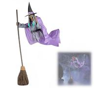 6 FT Halloween Flying Witch Decor - Outdoor Animated Decor with Light-Up Eyes & Scary Sound, Voice-Activated Floating Witch on Broom for Yard, Garden & Indoor Haunted House (Purple)