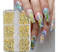 6 griglie di borchie in metallo a forma di stella marina e conchiglia dorata, ciondoli per unghie, decorazioni per nail art con sfere/perle in acciaio, borchie per manicure estive a forma di stella