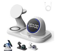 6 in 1 Magnetic Wireless Charger, Wireless Charging Station for Multiple Devices with Speaker & Digital Clock & RGB Light, Magnetic Charger Stand for Phone, Watch, with USB C Cable (White)