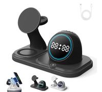 6 in 1 Magnetic Wireless Charger, Wireless Charging Station for Multiple Devices with Speaker & Digital Clock & RGB Light, Magnetic Charger Stand for Phone, Watch, with USB C Cable (Black)