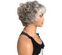 6 Inch Short Dark Gray Bob Wavy Layered Wig with Bangs for Women,Synthetic Pixie Cut Hair Wigs Soffice e Naturale