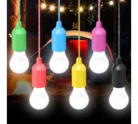 6 lampadine a LED da campeggio, funzionamento a batteria, con interruttore a trazione, lampada portatile, lampada a LED, per escursioni, campeggio, giardino, tenda, feste, barbecue (senza batteria)