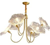 6-Light Home Decoration Minimalism Pink Glass Chandelier Leaf Decorate Lighting Fixtures Mid Century Large Gold Pendant Lamp for Living Room Bedroom Kitchen Hallway Restaurant