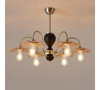 6 Lights Flower Mid Century Wood Chandelier Water Amber Glass Brushed Nickel Farmhouse Rustic Ceiling Pendant Light for Bedroom Kitchen Island Dining Living Room