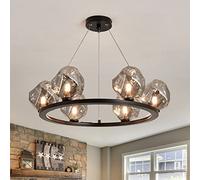 6-Lights Glass Globe Sputnik Chandeliers Metal Ceiling Light Fixture Black Semi Flush Mount Chandelier for Living Dining Room Bedroom Farmhouse Kitchen
