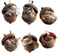 6 ornamenti di ghianda animali della foresta, ornamenti natalizi della foresta, ornamenti natalizi 2D adorabili animali addormentati in acrilico decorazioni da appendere, decorazioni per la casa a