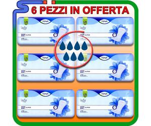 6 PACCHI DI TENA LADY "SUPER" MORBIDI ASSORBENTI DA 15pz OFFERTA SCORTA DA 90pz
