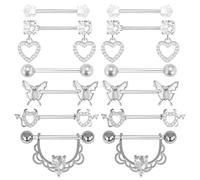 6 paia di barrette per capezzoli in acciaio inox 14G Gioielli per piercing al capezzolo per donne Anelli per capezzoli argento rosa dritto con cuore e rotondo Cubic Zirconia Barrette (Argento)
