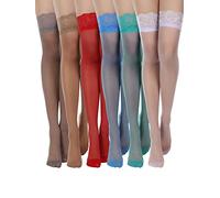 6 paia di calze autoreggenti in pizzo, semi-velate, per donne e ragazze, viola chiaro, rosso, verde, caffè, grigio, blu, 00