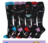 6 paia di calze di compressione da donna, calze a compressione con motivi carini fino al ginocchio adatte per corsa, ciclismo, escursionismo S/M,L/XLLettere,quadriTessuto