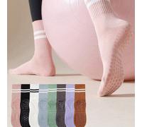 6 paia di calze sportive da donna a metà polpaccio, multicolore con patchwork e righe verticali, fondo in silicone antiscivolo, stile coppia, per quattro stagioni, in tessuto lavorato a maglia traspir