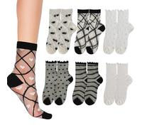 6 paia di calzini da donna corti a pois a quadretti trasparenti neri alla caviglia in rete trasparente calzini estivi da donna sottili alla moda,Calzini con Motivi Bianco Estivi Donna Corti in Nylon