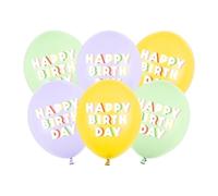 6 palloncini Ø 30 cm "Happy Birthday" | giallo pastello/viola/verde