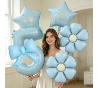 6 palloncini ad arco con numeri azzurro chiaro, fiori di margherita, palloncini foil "Buon Compleanno" e stelle, adatti per feste di compleanno, celebrazioni, anniversari, vacanze, sfondi, feste all'a