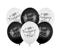 6 Palloncini Neri e Bianchi Happy Birthday 30 cm - Nero - Taglia Unica