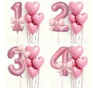 6 palloncini rosa a forma di numeri con decorazioni a cuore e fiocco, numeri da 0 a 9 - decorazioni per feste di compleanno con toni pastello, adatti per festa di nascità, 1°/2°/3°/4°/5°/6° compleanno