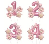 6 palloncini rosa a forma di numero con fiori di margherita, palloncini a forma di "Buon Compleanno" e stelle, adatti per feste di compleanno, celebrazioni, anniversari, vacanze, sfondi, decorazioni p