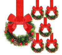 6 Pcs 6"Mini Christmas Wreaths for Kitchen Cabinets, Christmas Door Decorations Wreath with Ribbon Bows Red Berry, for Front Door Window Chair Fireplace Decor (G-6pcs)