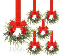 6 Pcs 6"Mini Christmas Wreaths for Kitchen Cabinets, Christmas Door Decorations Wreath with Ribbon Bows Red Berry, for Front Door Window Chair Fireplace Decor (C-6pcs)