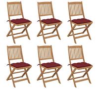 6 Pcs Acacia Wood Folding Garden Chairs with Cushions, Outdoor Patio Furniture Set for Relaxing, Foldable Comfortable Seating with Wine Red Cushions, Durable Solid Wood Chairs for Backyard, Poolside